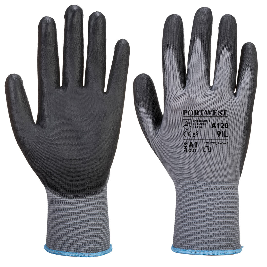 Portwest Nylon védőkesztyű PU tenyérmártott szürke/fekete S