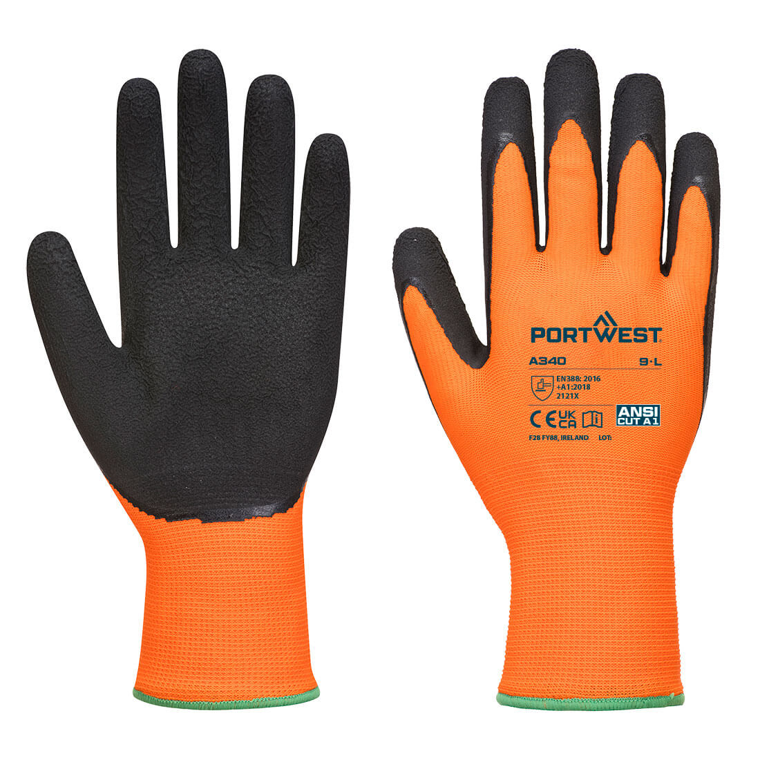 Portwest Hi-Vis Grip mártott latex védőkesztyű narancs / fekete XL