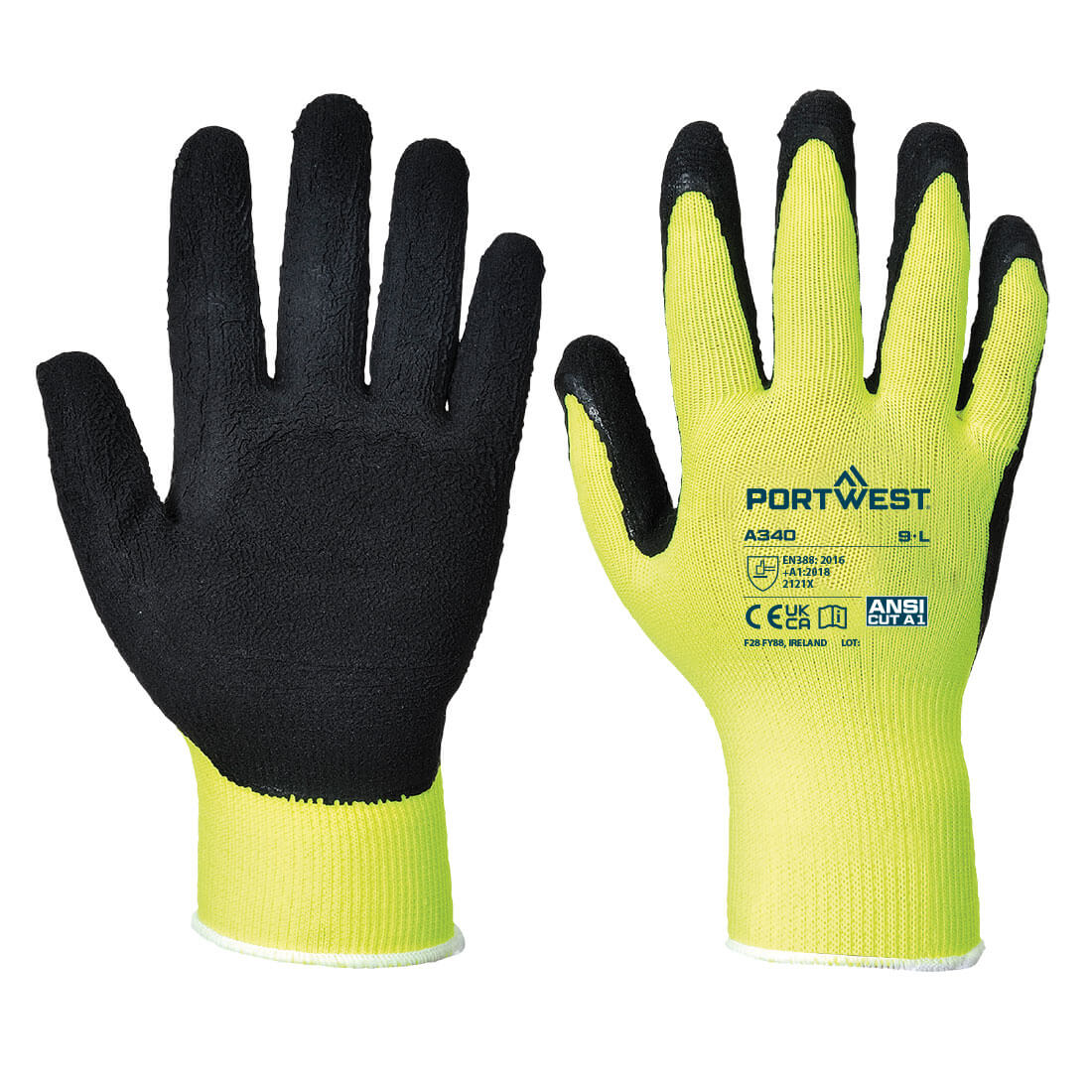 Portwest Hi-Vis Grip mártott latex védőkesztyű sárga S